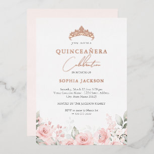 Invitación Con Relieve Metalizado Quinceañera floral de acuarela rosa dorado 