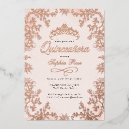 Invitación Con Relieve Metalizado Quinceanera floral de la corona de oro Rosa de Rub