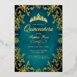 Invitación Con Relieve Metalizado Quinceanera floral de la corona de oro verde azula