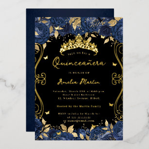 Invitación Con Relieve Metalizado Quinceañera Floral de Oro, Negro y Remolino Naval 