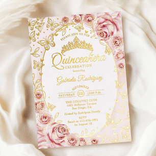 Invitación Con Relieve Metalizado Quinceañera Floral de Oro Rosa
