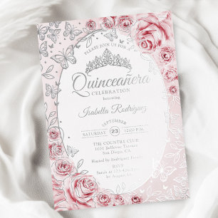 Invitación Con Relieve Metalizado Quinceañera Floral de Oro Rosa