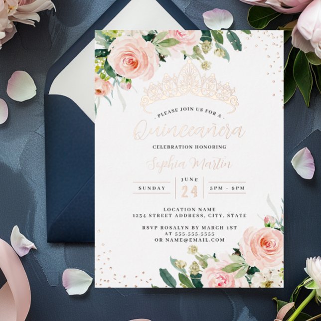 Invitación Con Relieve Metalizado Quinceanera floral de oro Rosa (Subido por el creador)
