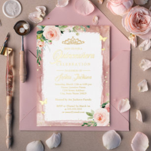 Invitación Con Relieve Metalizado Quinceanera floral de oro rosa de Rubor Tiara