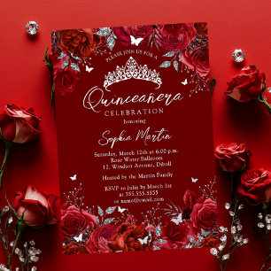 Invitación Con Relieve Metalizado Quinceanera floral de plata roja encantadora