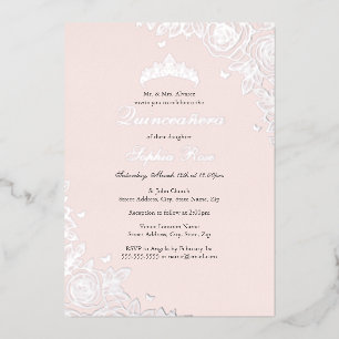 Invitación Con Relieve Metalizado Quinceanera floral de plata rosa Rubor Cumpleaños