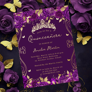 Invitación Con Relieve Metalizado Quinceañera Floral de Remolino Dorado Púrpura 