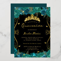 Quinceañera Floral de Remolino Negro Turquesa Dora
