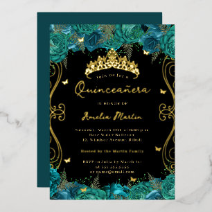 Invitación Con Relieve Metalizado Quinceañera Floral de Remolino Negro Turquesa Dora