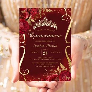 Invitación Con Relieve Metalizado Quinceañera Floral de Rollo de Oro Rojo