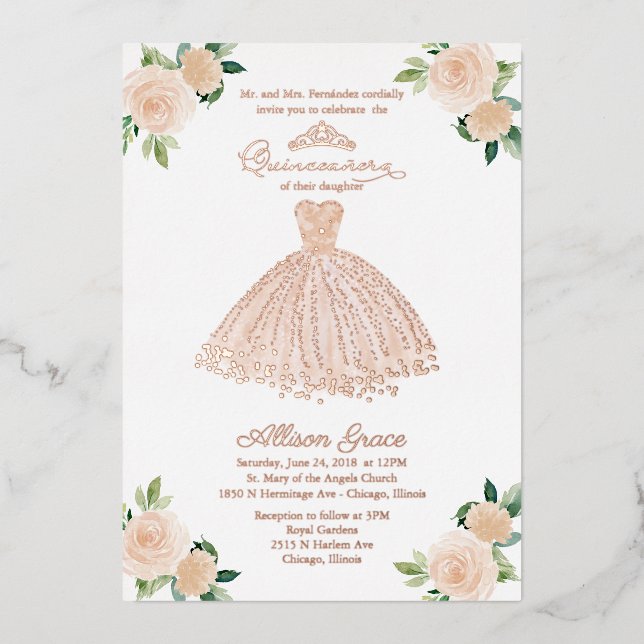 Invitación Con Relieve Metalizado Quinceanera floral de Rubor (Anverso)