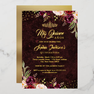 Invitación Con Relieve Metalizado Quinceañera floral dorada borgoña roja