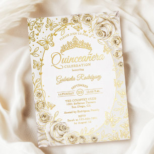 Invitación Con Relieve Metalizado Quinceañera Floral Dorada Crema