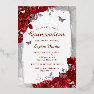 Invitación Con Relieve Metalizado Quinceanera floral elegante y roja