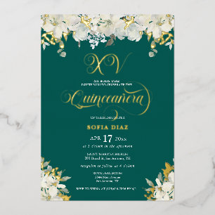 Invitación Con Relieve Metalizado Quinceañera Floral Esmeralda Verde Dorado