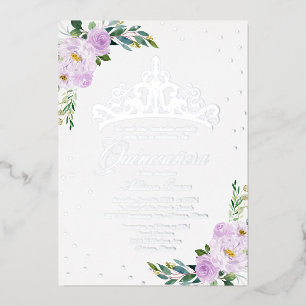 Invitación Con Relieve Metalizado Quinceañera Floral Lavanda