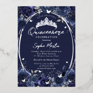 Invitación Con Relieve Metalizado Quinceañera Floral Mariposa Atractiva de Color Azu