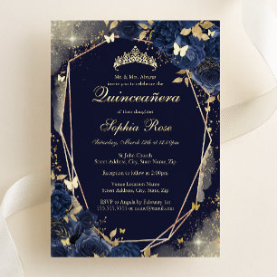 Invitación Con Relieve Metalizado Quinceañera Floral Mariposa Dorada Azul Marino