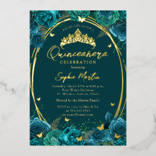 Invitación Con Relieve Metalizado Quinceañera Floral Mariposa Dorada Teal Cautivador