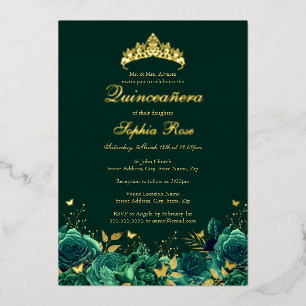 Invitación Con Relieve Metalizado Quinceañera Floral Mariposa Esmeralda Cumpleaños