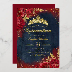 Invitación Con Relieve Metalizado Quinceañera Floral Mariposa Rojo Dorado de la Mari