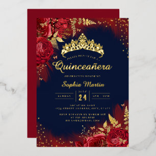 Invitación Con Relieve Metalizado Quinceañera Floral Mariposa Rojo Dorado Marina