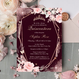 Invitación Con Relieve Metalizado Quinceañera Floral Mariposa Rosa Borgoña