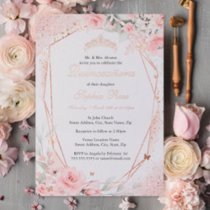 Invitación Con Relieve Metalizado Quinceañera Floral Mariposa Rosa Dorado Rubor