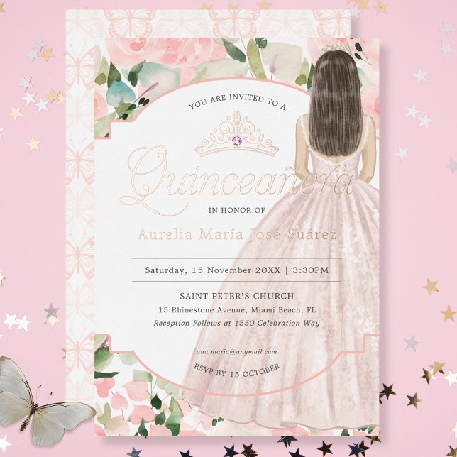 Invitación Con Relieve Metalizado Quinceañera Floral Mariposa Rubor Pink (Subido por el creador)