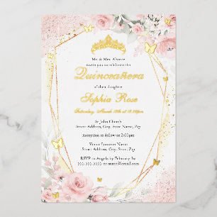 Invitación Con Relieve Metalizado Quinceañera Floral Mariposa Rubor Rosa Dorado