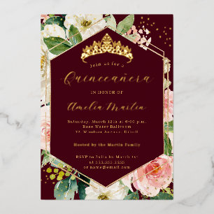Invitación Con Relieve Metalizado Quinceañera floral moderna Geo Borgoña Rubor