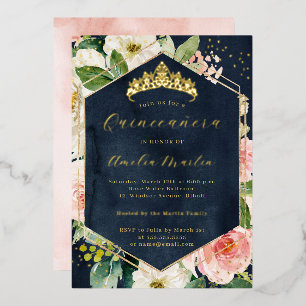 Invitación Con Relieve Metalizado Quinceañera floral moderna Geo Navy Blush
