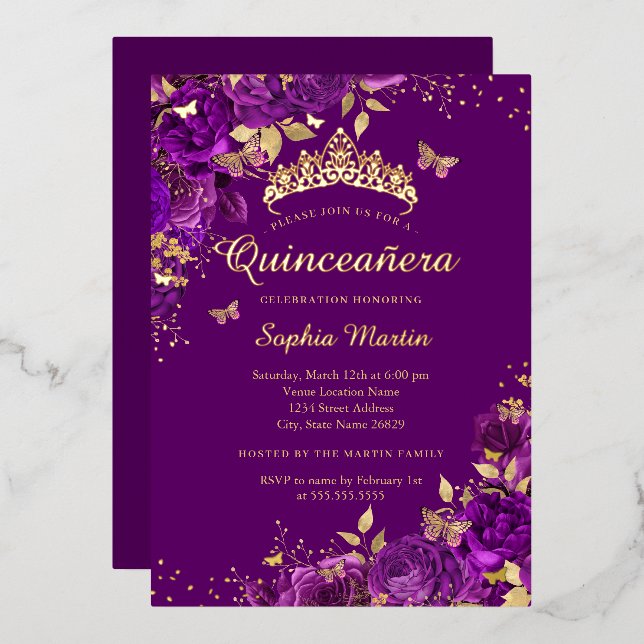 Invitación Con Relieve Metalizado Quinceanera floral morada (Anverso/Reverso)