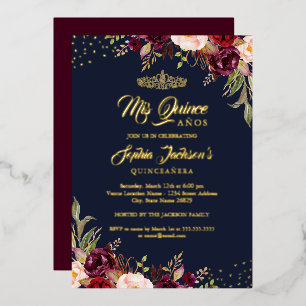 Invitación Con Relieve Metalizado Quinceañera Floral Navy Burgundy Rojo Dorado 