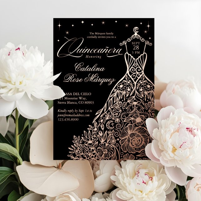 Invitación Con Relieve Metalizado Quinceañera floral negra con estrellas celestes de (Black Floral Quinceañera Gown Celestial Moon Stars Foil Invitation)