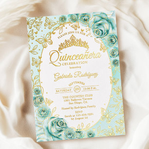 Invitación Con Relieve Metalizado Quinceañera Floral Oro Turquesa