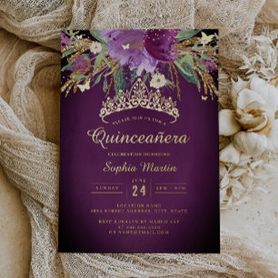 Invitación Con Relieve Metalizado Quinceañera Floral Púrpura Oro Amatista