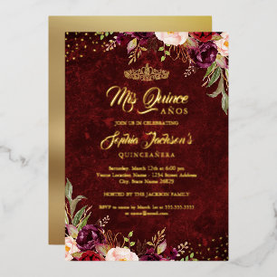 Invitación Con Relieve Metalizado Quinceañera Floral Roja Burgundy Dorada 