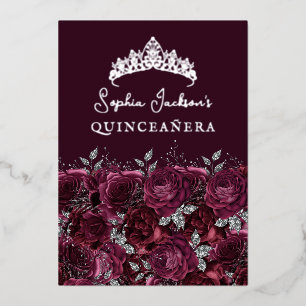 Invitación Con Relieve Metalizado Quinceañera Floral Rosa Burgundy Plateada