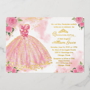 Invitación Con Relieve Metalizado Quinceanera floral rosa caliente