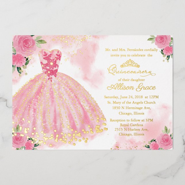 Invitación Con Relieve Metalizado Quinceanera floral rosa caliente (Anverso)