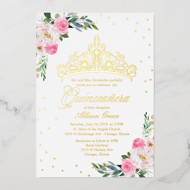 Invitación Con Relieve Metalizado Quinceanera floral rosa caliente (Anverso)
