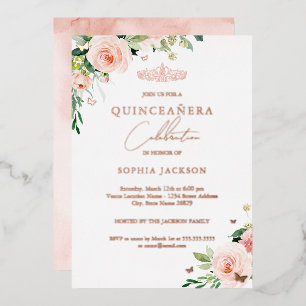 Invitación Con Relieve Metalizado Quinceañera Floral Rosa Dorado 
