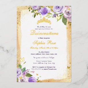 Invitación Con Relieve Metalizado Quinceañera Floral Rosa Mariposa Morada Dorada
