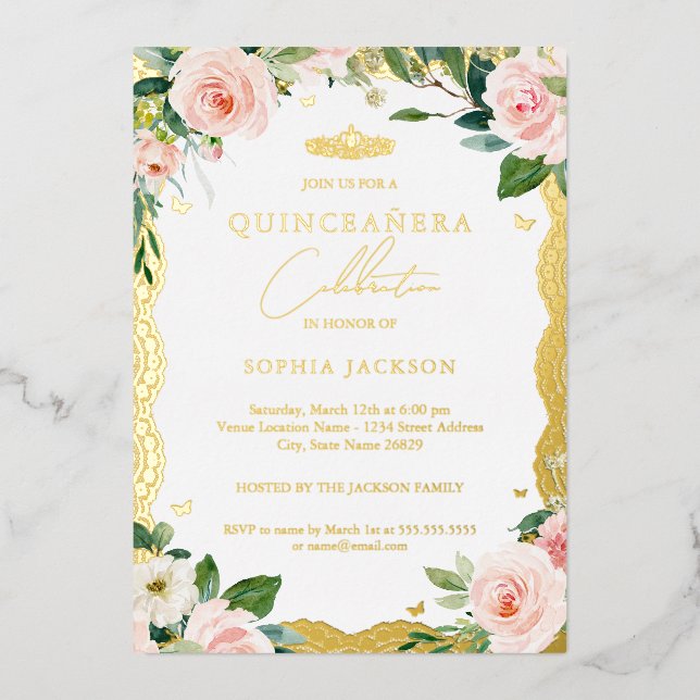 Invitación Con Relieve Metalizado Quinceanera floral rosa Rubor de encaje dorado (Anverso)