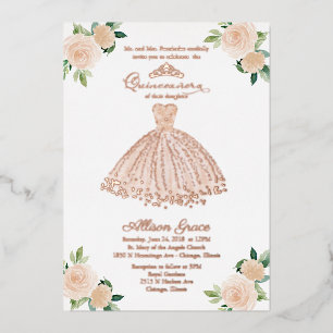 Invitación Con Relieve Metalizado Quinceañera Floral Rubor