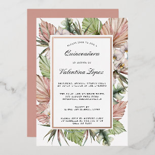 Invitación Con Relieve Metalizado Quinceañera Floral Tropical Polvo Rosa Blanco Dora