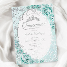 Invitación Con Relieve Metalizado Quinceañera Floral Turquesa y Plata