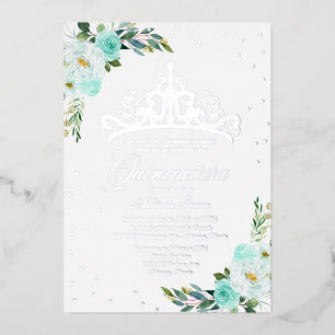 Invitación Con Relieve Metalizado Quinceanera floral verde azulada