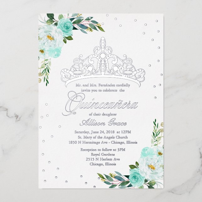 Invitación Con Relieve Metalizado Quinceanera floral verde azulada (Anverso)